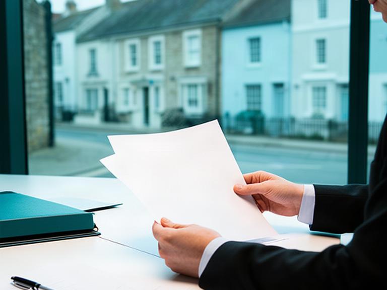 Dorset townhouse street with a solicitor reviewing property papers at a bright desk